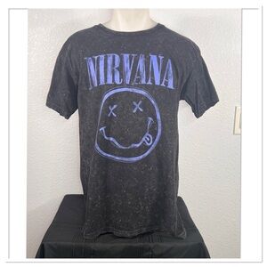 NIRVANA Men's Charcoal Gray Burnout Acid Wash Short Sleeve Band Logo Shirt Sz M